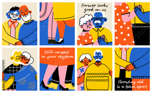 Happy Senior Couples Embracing In Hand Drawn Doodle Style