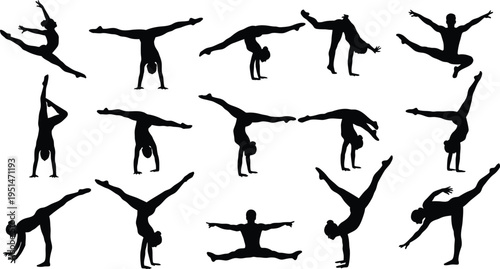 Yoga Silhouettes Practicing Various Poses on White Background
