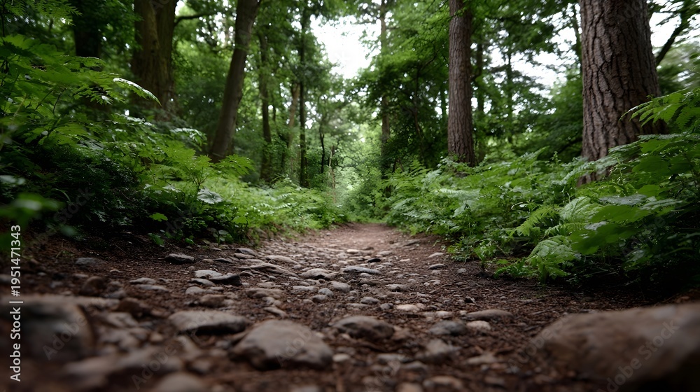 Naklejka premium Low angle view of a rocky forest path winding through dense lush green foliage and trees