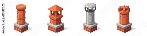 Collection of four isometric chimney pots and caps on white background