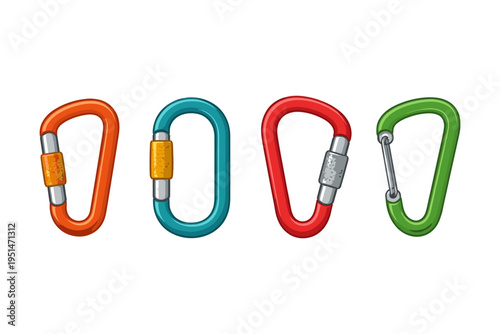 Set of four colorful carabiners with screw gates for climbing and outdoor activities