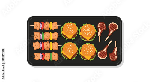 A dark serving tray displays cooked chicken skewers, cheeseburgers, and lamb chops, ready for serving.