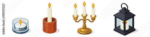 Collection of various burning candles and a lantern in isometric style