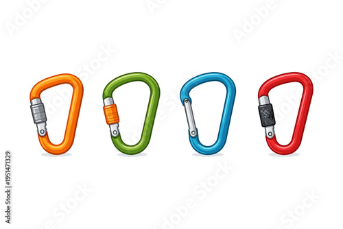 Four colorful carabiners arranged in a row on a white background