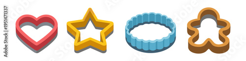 Set of four colorful isometric cookie cutters including heart, star, circle, and gingerbread man shapes