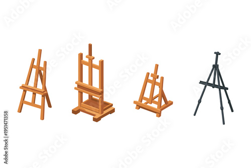 Collection of four different easels, including wooden and black tripod styles