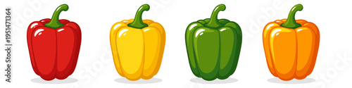 Four colorful bell peppers in red, yellow, green, and orange arranged in a row