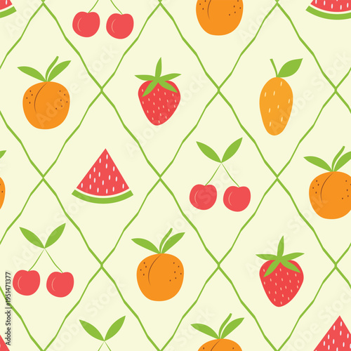 Cute summer fruits on green diamond shapes seamless pattern featuring strawberries, cherries, apricot, mango and watermelon. For kitchen wallpaper, farmers market and food packaging