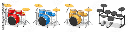 Collection of drum kits including acoustic and electronic drum sets