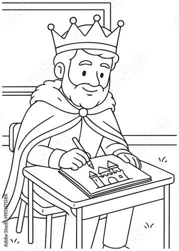 coloring book king focused at his desk writing notes and working carefully