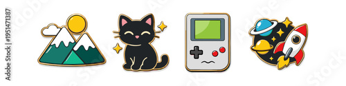 Collection of cute enamel pins featuring mountains, cat, game console, and space rocket