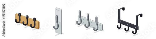 Collection of various wall and door hooks in isometric view on white background