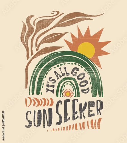 Summer Tee Shirt graphic tee. vintage t-shirt design. tropical sunshine art. it's all good sun seeker slogan typography hand made text print design. 
