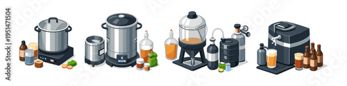 Illustration of various brewing equipment for home brewing enthusiasts