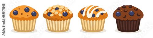 Delicious variety of illustrated muffins with blueberries and toppings