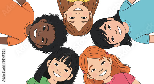 Six smiling children of diverse ethnicities are arranged in a circle, looking up at the viewer against a white background.