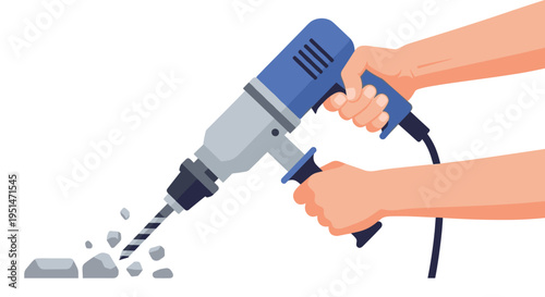 Two hands hold a blue and grey electric hammer drill actively boring into a concrete surface, creating debris.