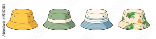 Collection of four diverse bucket hats with different patterns and colors