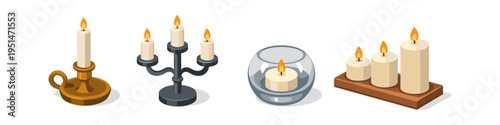 Variety of decorative candles and holders for home ambiance