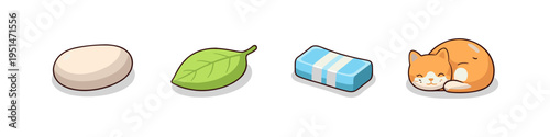Cute cartoon icons of a stone, leaf, gift box, and sleeping cat