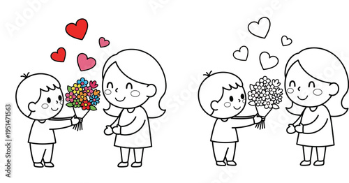 Cute Cartoon Boy Giving Flowers to a Girl with Hearts - Valentine's Day Love Illustration