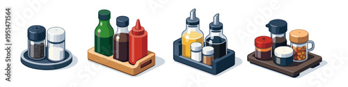 Condiment collection in stylish containers for dining tables and kitchens