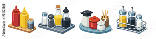 Condiment collection with various sauces and seasonings in playful design