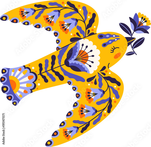 Scandinavian folk yellow ornate bird print. Nordic folklore bird colorful print, Scandinavian nature isolated vector decoration. Slavic folk animal naive embroidery with blue flower ornaments