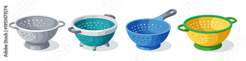Collection of four colorful colanders and strainers for kitchen use