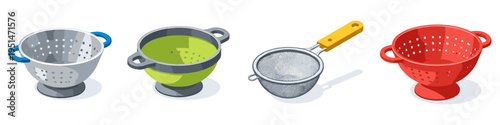 Colorful kitchen colanders and strainers for various food preparations