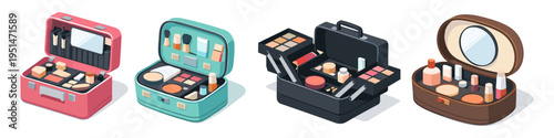 Collection of four open makeup cases filled with various cosmetics and brushes