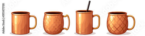 Collection of four distinct copper mugs for drinks and cocktails