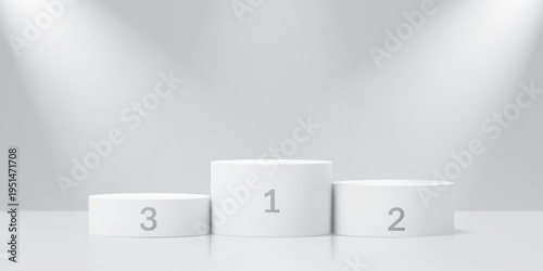 Sport award podium stage pedestal, competition winner and prize stand platform. 3d vector white round platforms with first, second and third place under spotlights for sportsman victory celebration