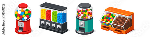 Colorful gumball machines and candy dispensers in isometric style