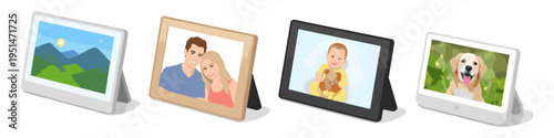 Collection of digital photo frames displaying various cherished memories and landscapes
