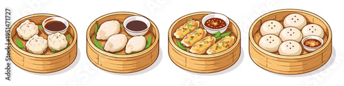 Assortment of delicious dim sum dishes served in traditional bamboo steamers