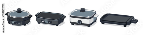 Collection of four modern electric griddles and skillets with glass lids and controls