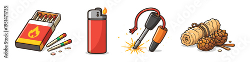 Collection of fire starting tools including matches, lighter, ferro rod, and tinder