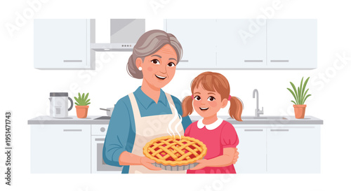 A smiling grandmother and granddaughter stand in a modern white kitchen, proudly holding a freshly baked lattice-top pie.
