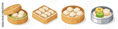 Collection of delicious dim sum dumplings served in traditional bamboo steamers and metal containers