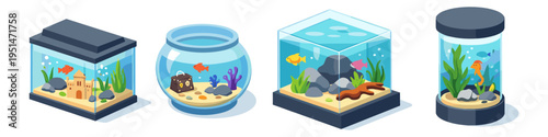 Collection of diverse isometric aquariums with fish and underwater decorations