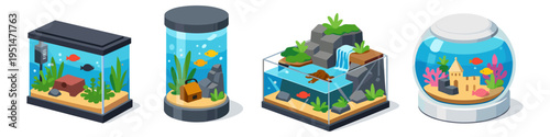 Collection of diverse isometric aquariums with fish and decorations