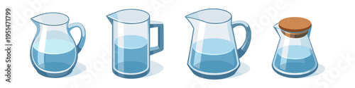 Collection of four glass pitchers filled with clear blue water on a white background