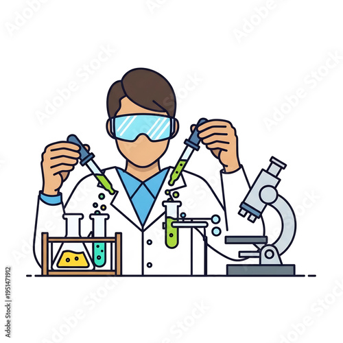 Scientist conducting chemical experiment with microscope and lab tools.