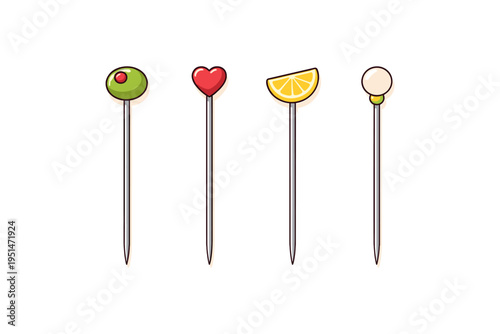 Colorful cocktail picks featuring olive, heart, lemon, and white ball designs
