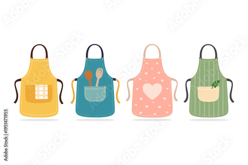 Colorful illustration of various kitchen aprons in a row