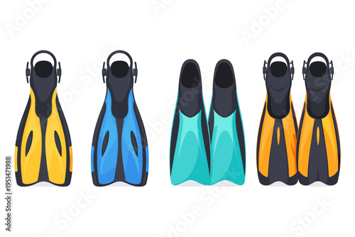 Brightly colored swim fins for diving and snorkeling activities