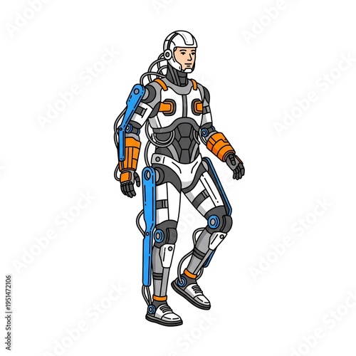 Futuristic robotic exoskeleton suit for human mobility.
