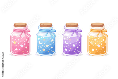Colorful magical jars with starry contents in pastel shades