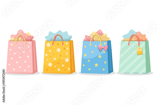 Colorful gift bags with decorative patterns and bright colors